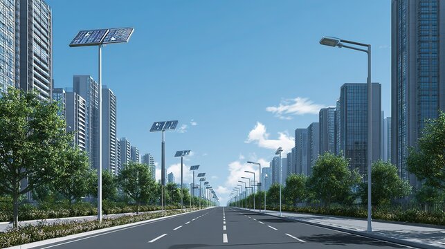 Urban solar smart street lamp, neat smooth road, urban low-carbon environmental street view