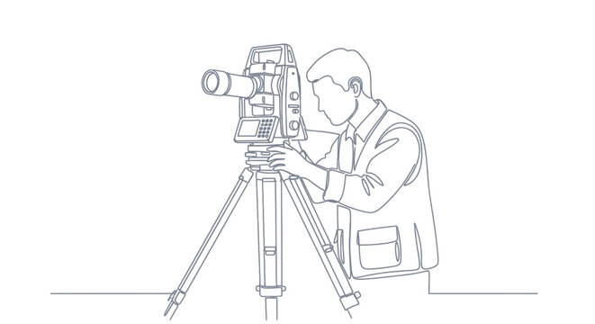Surveyor using total station instrument on tripod for land surveying, contour mapping