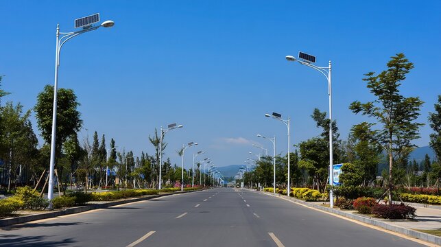 Urban solar smart street lamp, neat smooth road, urban low-carbon environmental street view