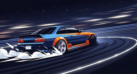 Obraz premium Fast sports car speeding on futuristic highway at night.