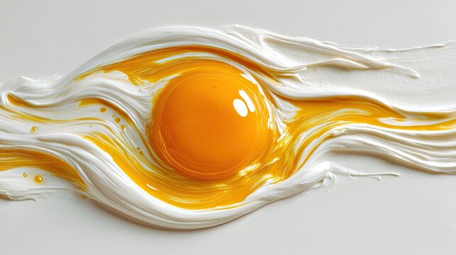 A glistening, vibrant egg yolk nestled in swirling white albumen