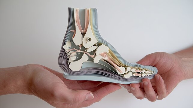 Anatomical foot model, revealing bones, tendons, and ligaments