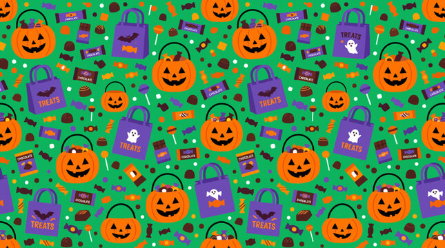 Seamless Halloween pattern with pumpkins, ghosts, candy and spooky icons for festive design.