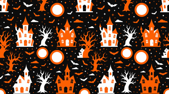 Seamless Halloween haunted house pattern with moons and barren trees.