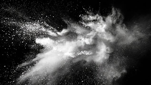Explosion of White Powder Against a Stark Black Background.