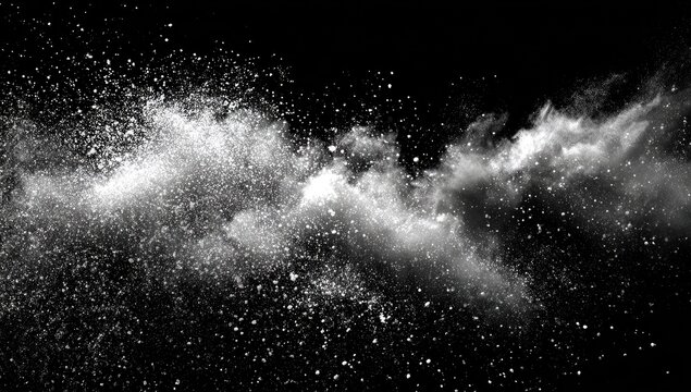 Explosion of White Powder Against a Black Background.