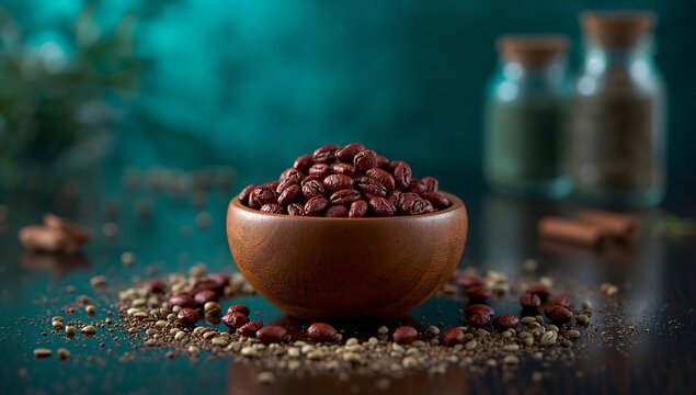 Generative AI captures a rustic wooden bowl filled with raw cocoa beans on a textured dark surface