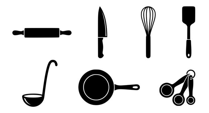Kitchen tools silhouette vector set with black cooking utensils icons for SVG cutting files