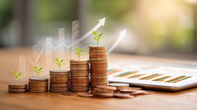 Stacks of coins with plants growing, charts, and rising arrows, symbolizing growth