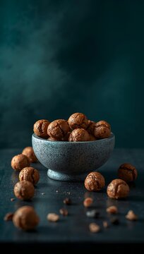 Generative AI captures a still life scene of hazelnuts in a ceramic bowl with scattered nuts on a