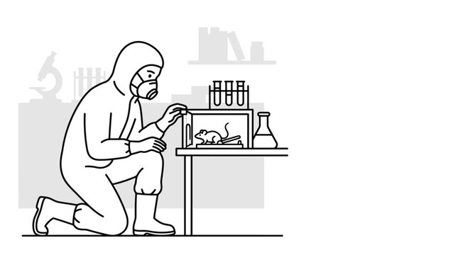 Scientist in protective suit conducting an experiment with a laboratory mouse.