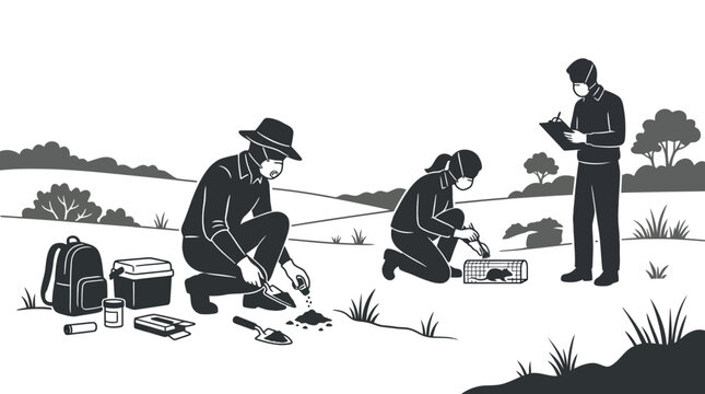 Scientists conducting environmental soil sampling and field research.
