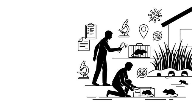 Scientists conducting rodent research and pest control study in black and white illustration.