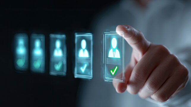 Finger selects glowing digital profile icon with checkmark