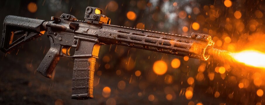 Fire erupts from the barrel of a tactical rifle, illuminated by glowing embers