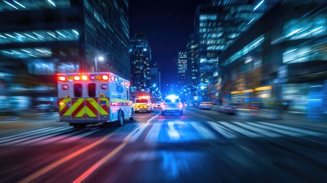 Ambulance with flashing lights speeds down city street at night