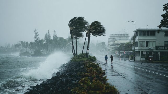 Coastal road, two people walk by stormy ocean, strong winds bend palm trees