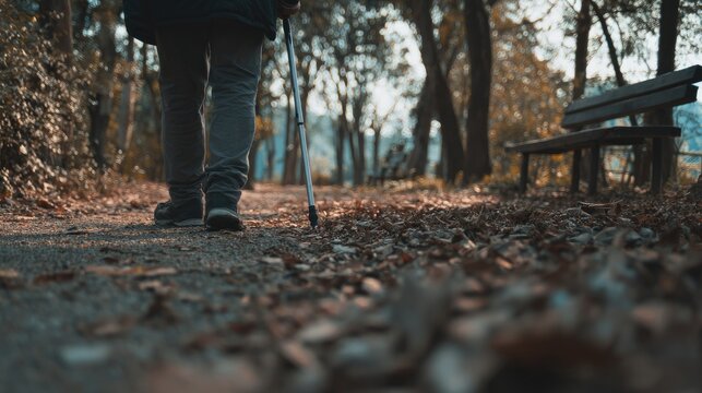 Person walks down sun-dappled forest path with walking stick, autumn leaves on ground