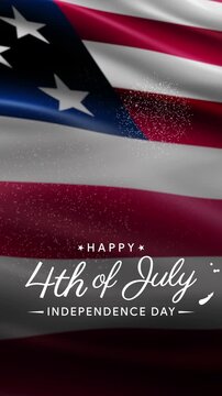 Vertical American flag background with Happy 4th of July text animation and fireworks