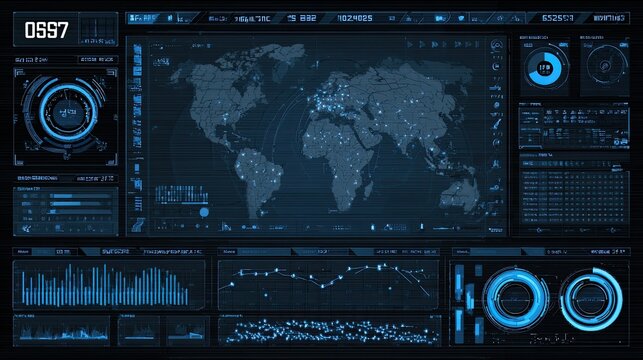 Futuristic digital interface displays world map, data graphs, and circular readouts