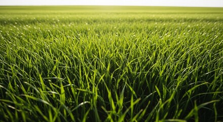 Obraz premium Vibrant green grass field with lush blades and white sky background