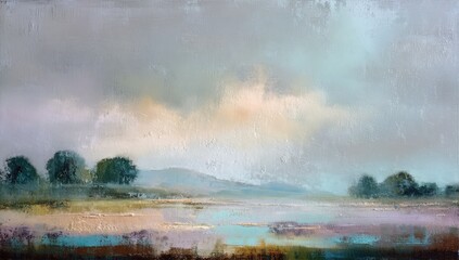 Fototapeta premium Impressionistic Landscape Painting of a Serene Lake Under a Cloudy Sky.