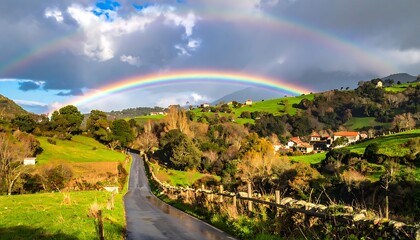 Fototapeta premium A double rainbow stretches over a serene countryside landscape