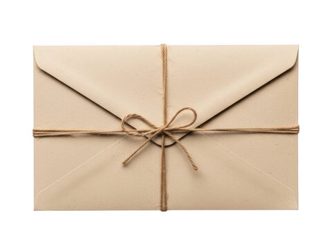 Brown paper envelope with string bow isolated on transparent background