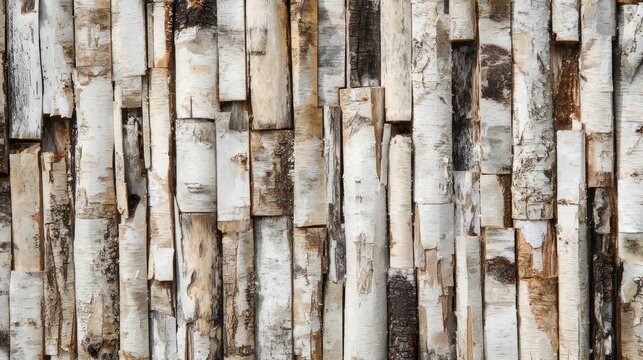 Vertical birch logs, varying textures, create a rustic, natural wall pattern
