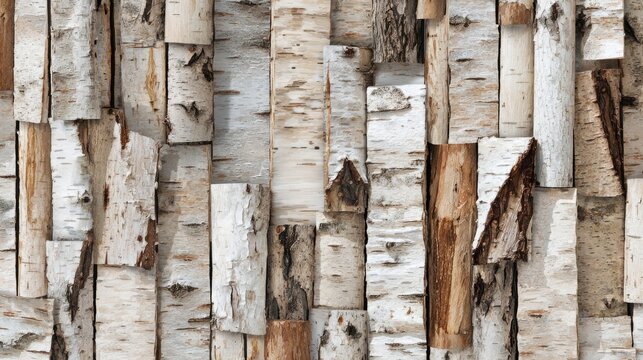 Close-up texture of a rustic wall constructed from vertically arranged birch logs