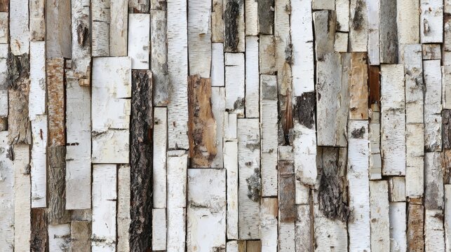 Rustic wood plank wall with white and brown bark textures