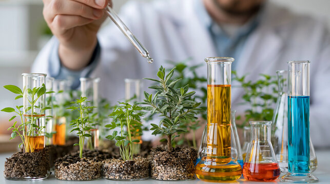 Scientist Hand Testing Young Green Plants in Laboratory Glass Tubes