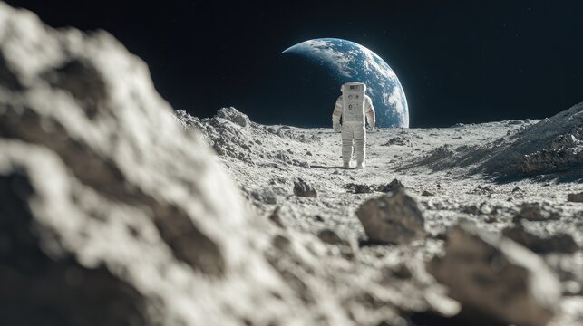 Lone astronaut stands on barren moonscape with Earth looming in the distance