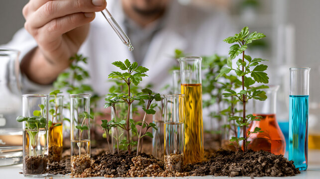 Botanical Research Scene with Seedlings Soil Test Tubes and Colorful Liquids