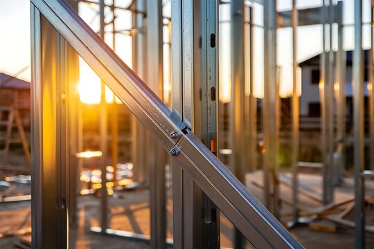 Close-up of modern galvanized cold-formed steel framing at residential construction site, showing structural framework, durability, precision engineering, and industrial building materials.