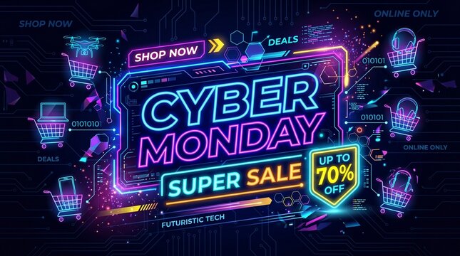 Futuristic online shopping extravaganza with glowing neon tech discounts and huge savings on digital goods
