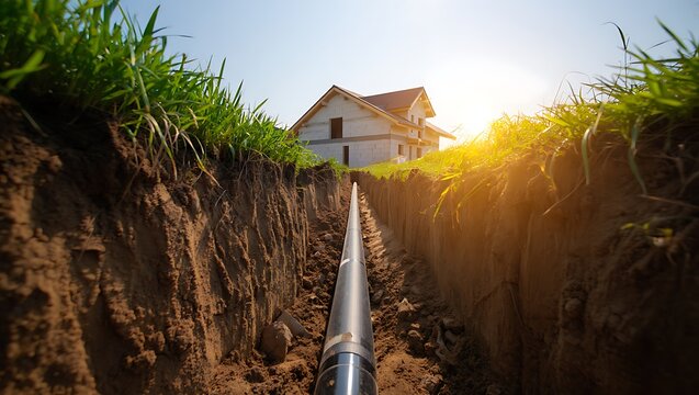 Installation of underground PVC sewage pipeline during residential house construction, featuring trench excavation, sanitation infrastructure, drainage engineering, industrial plumbing system, and cop