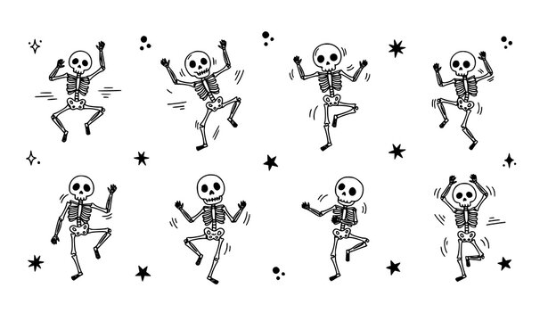 Dancing Skeletons Halloween Doodle Vector Set with Stars and Playful Spooky Party Characters
