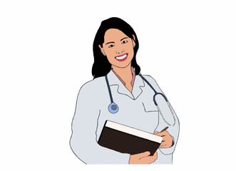 Fototapeta premium Smiling female physician wearing white coat and stethoscope holding medical folder
