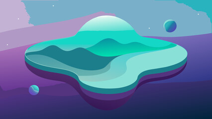 Fototapeta premium Floating abstract island with layers and planets in purple and teal tones outer space organic shapes science fiction abstract landscape floating abstract landscape illustration gradient