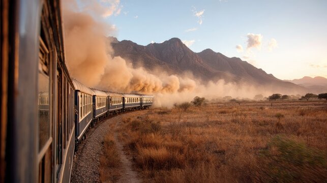 Train chugs through dusty, dry landscape with mountains at sunset