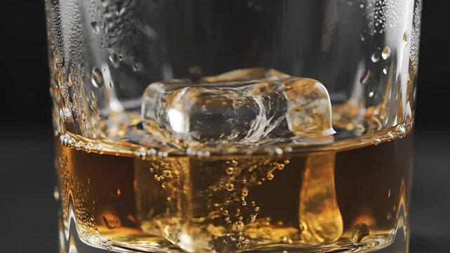 Closeup of a Whiskey Drink with Ice Cubes in a Glass.