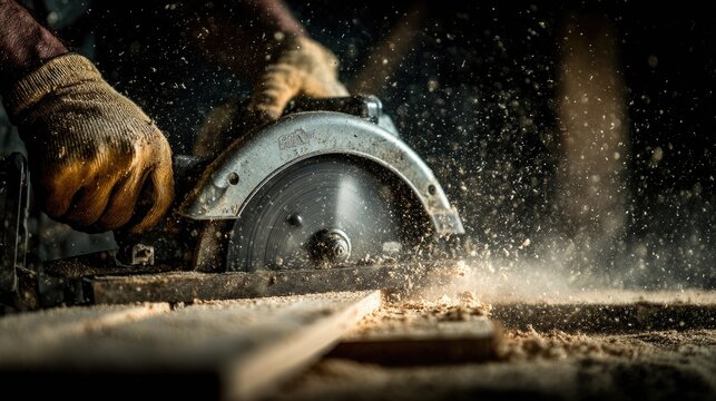 Hands wearing gloves guiding a circular saw cutting wood, dust flying