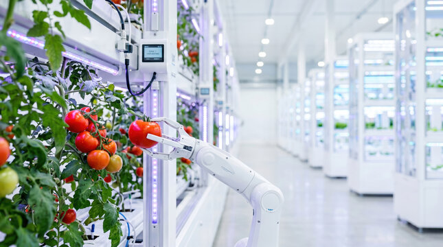 Robots are picking ripe tomatoes from plants in a large indoor farm. Bright lights illuminate the space as the robots work efficiently among the rows of crops
