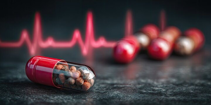 Red capsule on dark surface with blurred heart monitor line in background