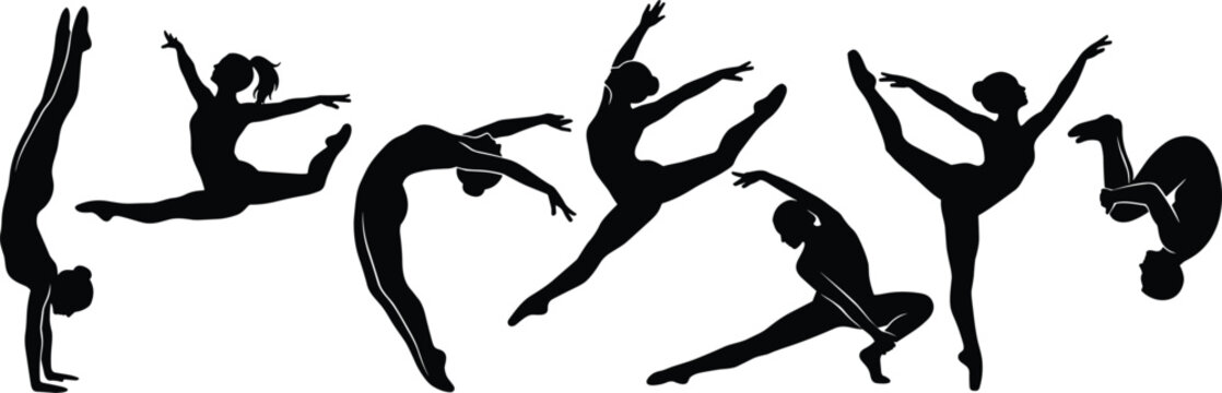 Artistic Gymnastics and Dance Silhouette Collection Featuring Female Athletes Performing Handstands Splits Jumps Flips and Acrobatic Poses for Sports Vector Graphic Layouts
