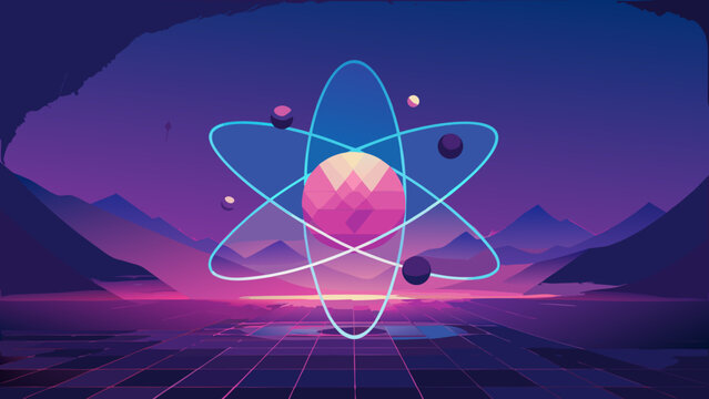 Retro synthwave atom structure in neon landscape with grid horizon reflective water abstract mountains at sunset digital art graphic design technology synthwave landscape futuristic