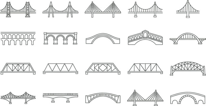 Collection of bridge construction icons featuring suspension arch truss and modern transportation infrastructure vector illustration set