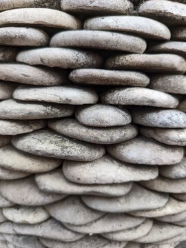 a close-up texture of a decorative wall made from flat, oval white river stones stacked horizontally in neat overlapping rows.