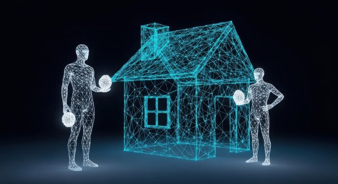 Digital human figures holding glowing orbs near a wireframe house model illustration